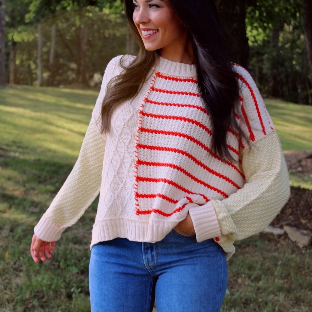 Anthropologie By Together Cable Knit Striped Oversized Sweater